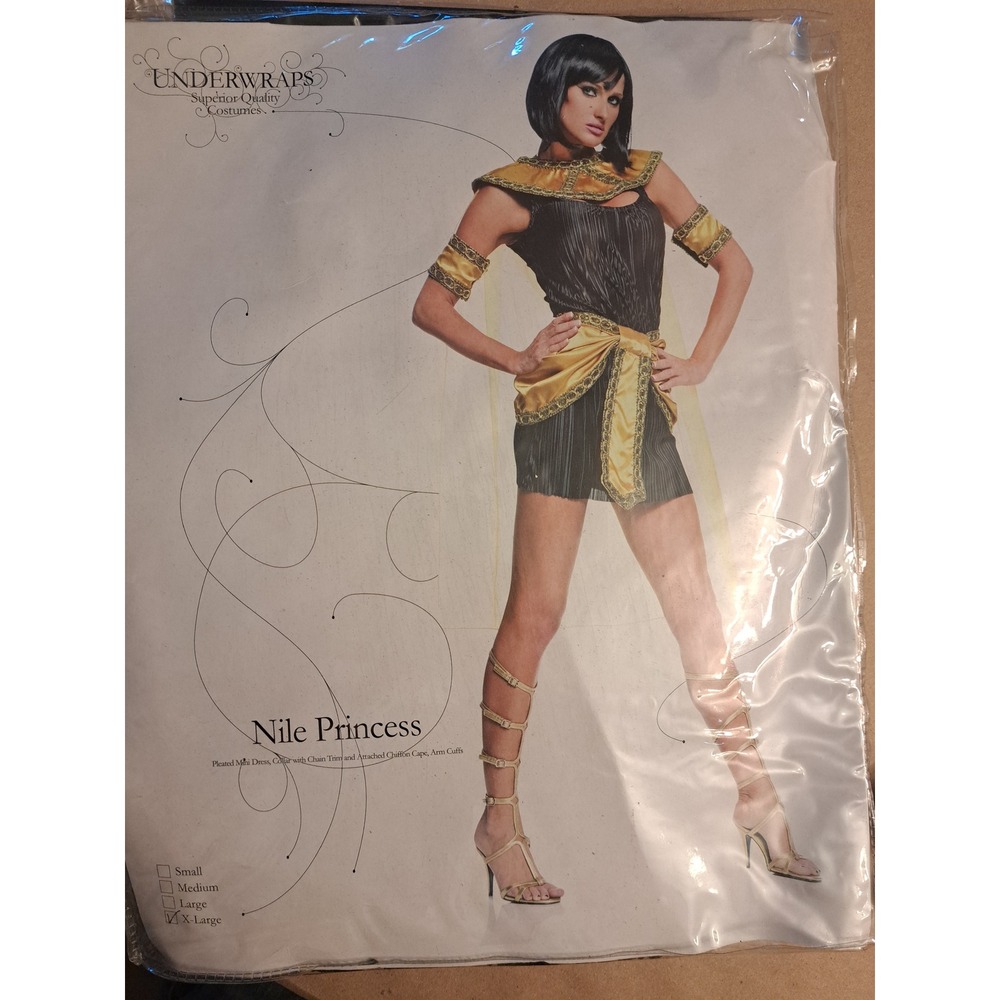 Underwraps Nile Princess Egyptian Costume Black Gold XL Pleated Dress Cape Set
